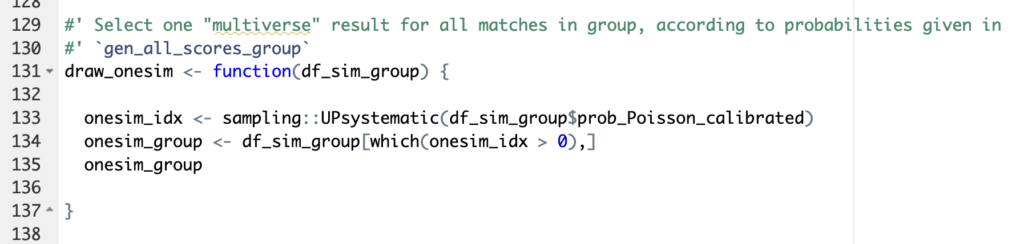 Screencap of the `draw_onesim` function, which uses sampling::UPsystematic to select an outcome at random with unequal probabilities